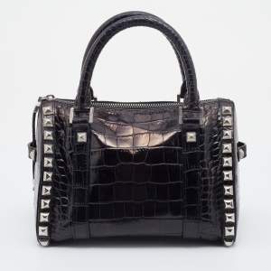 Versace Metallic Black Croc Embossed Leather Studded Satchel
