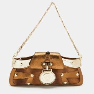 Pre Owned Versace Bronze Leather Trimmed and Calfhair Chain Shoulder Bag