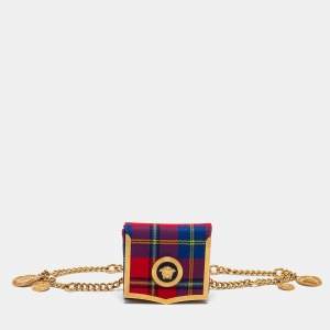 Versace Multicolor Check Fabric Medusa Chain Belt Bag