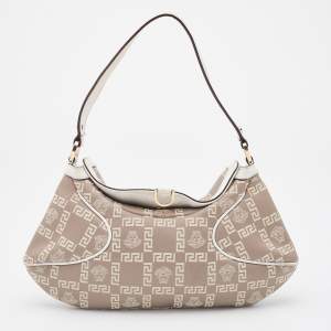Pre Owned Versace Beige/White Signature Canvas and Leather Baguette