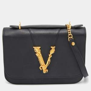 Versace Black Leather Small Virtus Flap Top Handle Bag
