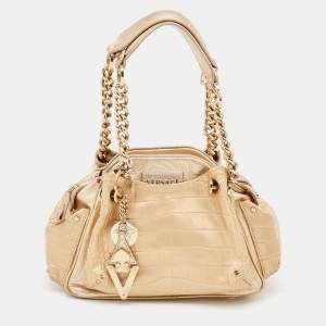 Versace Metallic Gold Croc Embossed Leather Chain Satchel