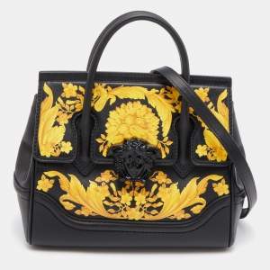 Versace Black/Yellow Baroque Print Leather Palazzo Empire Satchel