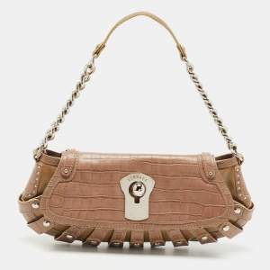 Versace Beige Croc Embossed and Patent Leather Cut Out Chain Hobo
