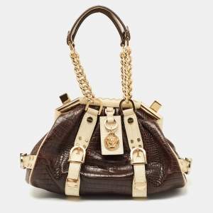 Pre Owned Versace Brown/Cream Croc Embossed Leather Madonna Satchel