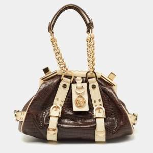 Versace Brown/Cream Croc Embossed Leather Madonna Satchel