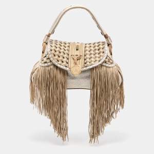 Pre Owned Versace Gold/Beige Woven Leather and Suede Medusa Fringe Satchel