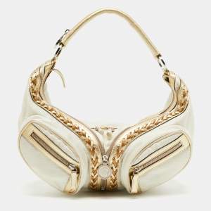 Versace White/Gold Fabric And Leather Zip Embellished Repeat Hobo