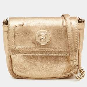 Pre Owned Versace Gold Shimmer Suede Medusa Crossbody Bag