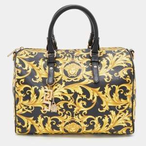 Pre Owned Versace Black/Yellow Printed Coated Canvas and Leather Boston Bag