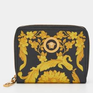 Versace Black/Yellow Baroque Print Coated Canvas Zip Around Wallet