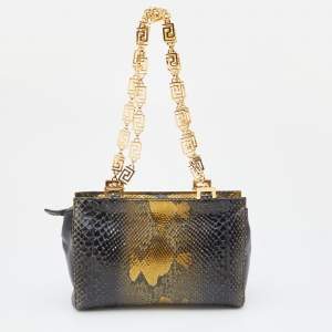 Pre Owned Versace Black/Gold Python and Leather Medusa Studded Chain Shoulder Bag