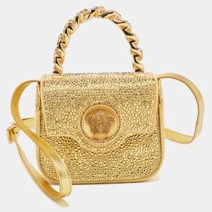 Versace Gold Satin Mini Limited Edition Crystal Embellished Top Handle Bag