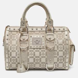 Versace Metallic Gold/Beige Signature Fabric and Leather Snap Out Of It Satchel