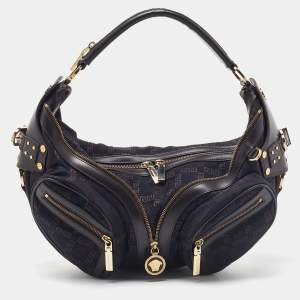 Versace Brown/Black Signature Fabric and Leather Biker Hobo