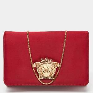 Versace Red Satin Palazzo Medusa Chain Clutch