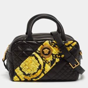 Versace Black Baroque Print Quilted Leather Icon Medusa Bowler Bag