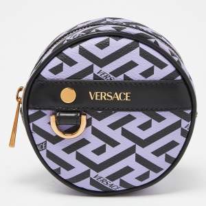 Versace Purple/Black La Greca Coated Canvas and Leather Round Zip Pouch