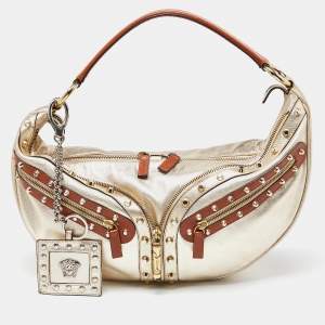 Pre Owned Versace Gold/Brown Leather Studded Front Pocket Bag
