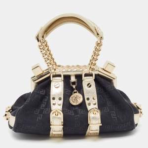 Versace Black/Gold Monogram Fabric and Leather Madonna Framed Satchel
