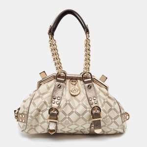 Versace Olive Green/Cream Signature Fabric and Leather Madonna Frame Satchel