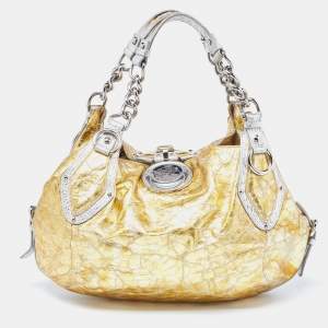 Versace Yellow/Silver Crinkled Hologram Patent Leather Medusa Flap Hobo 
