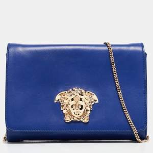 Pre Owned Versace Blue Leather Medusa Palazzo Shoulder Bag