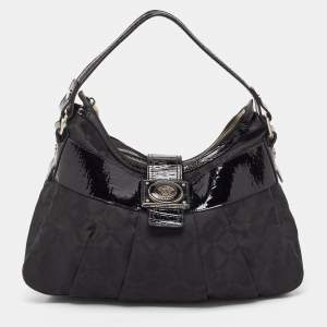 Versace Black Quilted Nylon and Croc Embossed Patent Leather Logo Hobo
