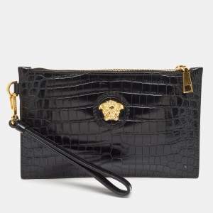 Versace Black Croc Embossed Leather La Medusa Wristlet Pouch