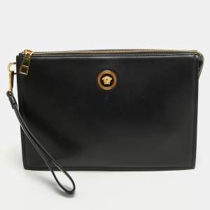 Versace Black Leather Medusa Head Wristlet Clutch