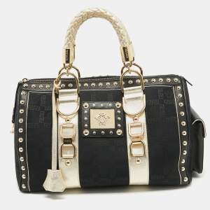 Pre Owned Versace Black/Gold Signature Fabric and Leather Studded Snap Out Of It Satchel