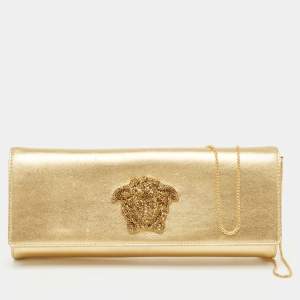 Versace Gold Leather Medusa Icon Crystals Chain Clutch