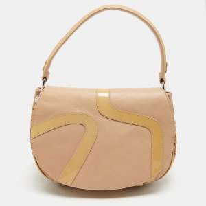 Versace Beige Patent and Leather Patch Hobo