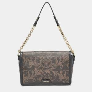 Versace Black/Brown Baroque Print Coated Canvas and Leather Flap Chain Bag