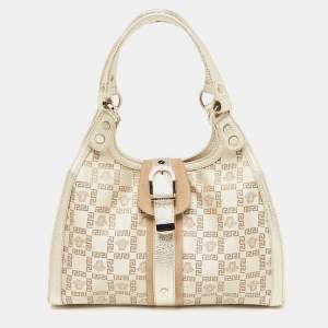 Versace Beige Metallic Gold Monogram Canvas, Leather and Suede Satchel