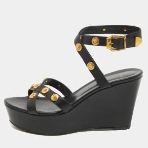 Versace Black Leather Medusa Wedge Sandals Size 40