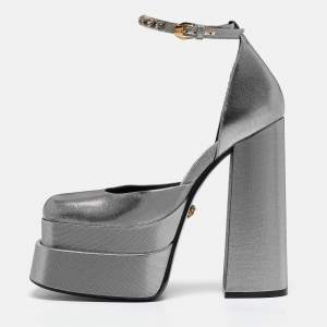 Versace Silver Lurex Fabric Medusa Aevitas Double Platform Pumps Size 37
