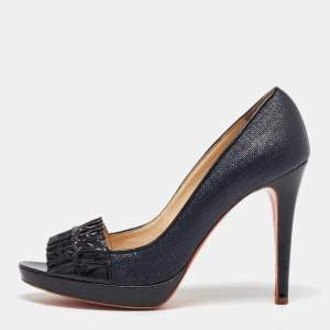 Versace Black Coated Raffia and Patent Leather Peep Toe Pumps Size 39