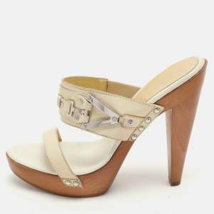 Versace Cream Leather Wooden Platform Slide Sandals Size 38