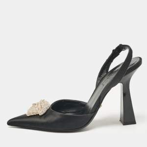 Versace Black Satin Crystal La Medusa Slingback Pumps Size 36