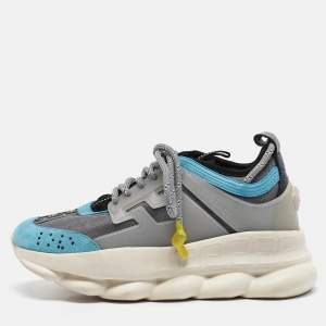 Versace Grey/Blue Mesh and Suede Chain Reaction Sneakers Size 38