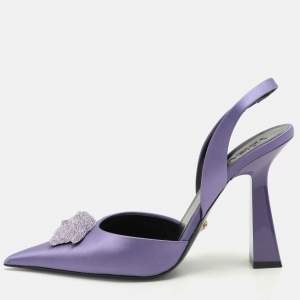 Versace Purple Satin Crystal Embellished La Medusa Slingback Pumps Size 41