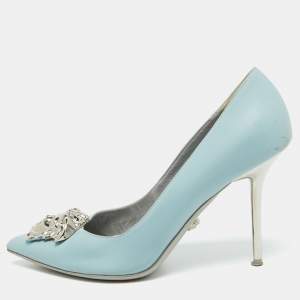 Versace Light Blue Leather Medusa Pointed Toe Pumps Size 39