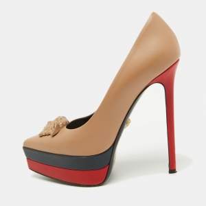 Versace Beige Leather Medusa Head Palazzo Platform Pumps Size 38