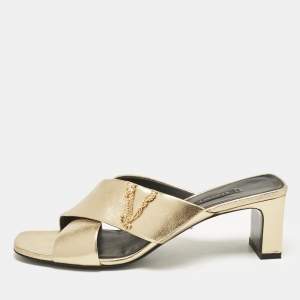Versace Gold Leather Criss-Cross Slide Sandals Size 38.5