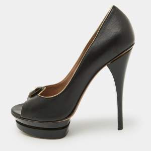 Versace Black Leather Crystal Peep Toe Platform Pumps Size 38.5