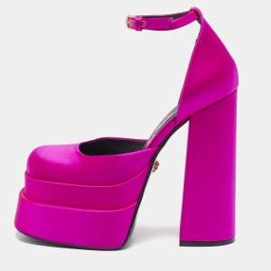 Versace Pink Satin Medusa Aevitas Platform Ankle Strap Pumps Size 37.5