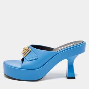 Versace Blue Leather Medusa Biggie Mules Size 38