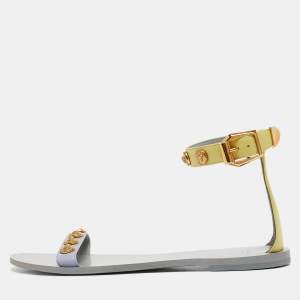 Versace Yellow/Purple Leather Medusa Stud Ankle Strap Flat Sandals Size 38