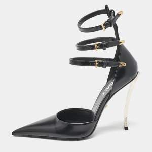 Versace Black Leather Decollete Triple Ankle Strap Pumps Size 37